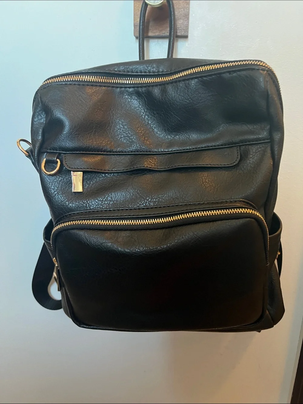 Black Faux Leather Women's Backpack with Gold Hardware
